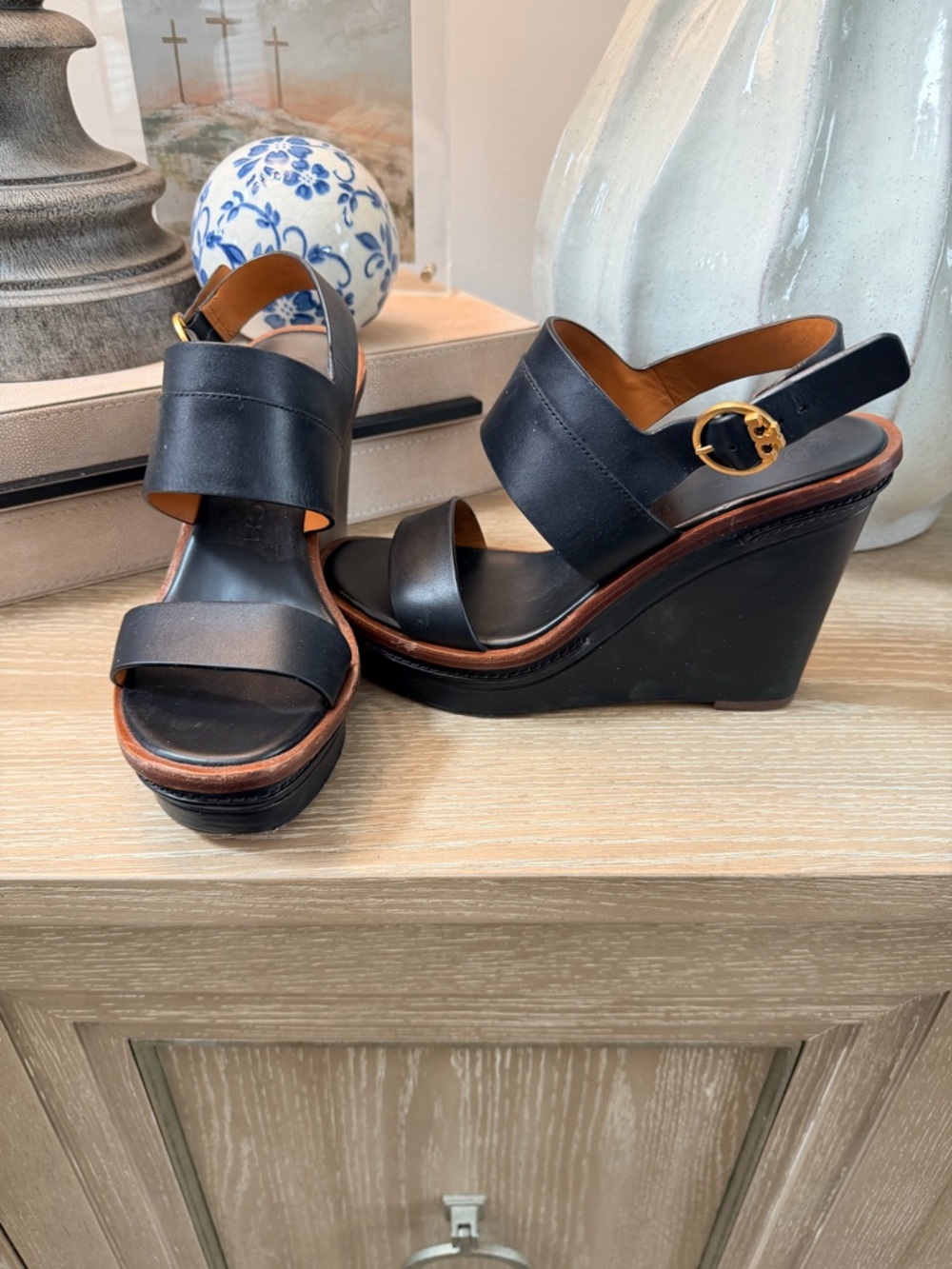 Tory Burch Selby Black Wedge Sandals with Brown Trim and Gold Buckle - Picture 3 of 6